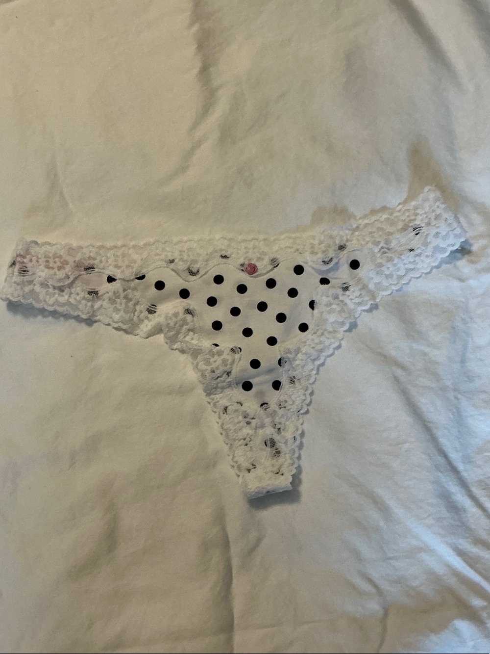 Victoria's Secret White Lace Thong with Black Polka Dots